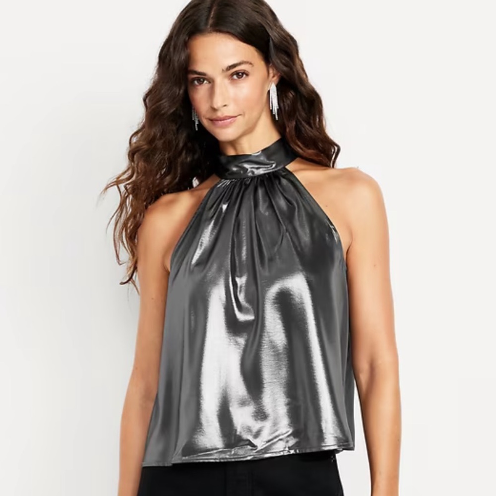 NWT Silver Satin Shine Halter Top